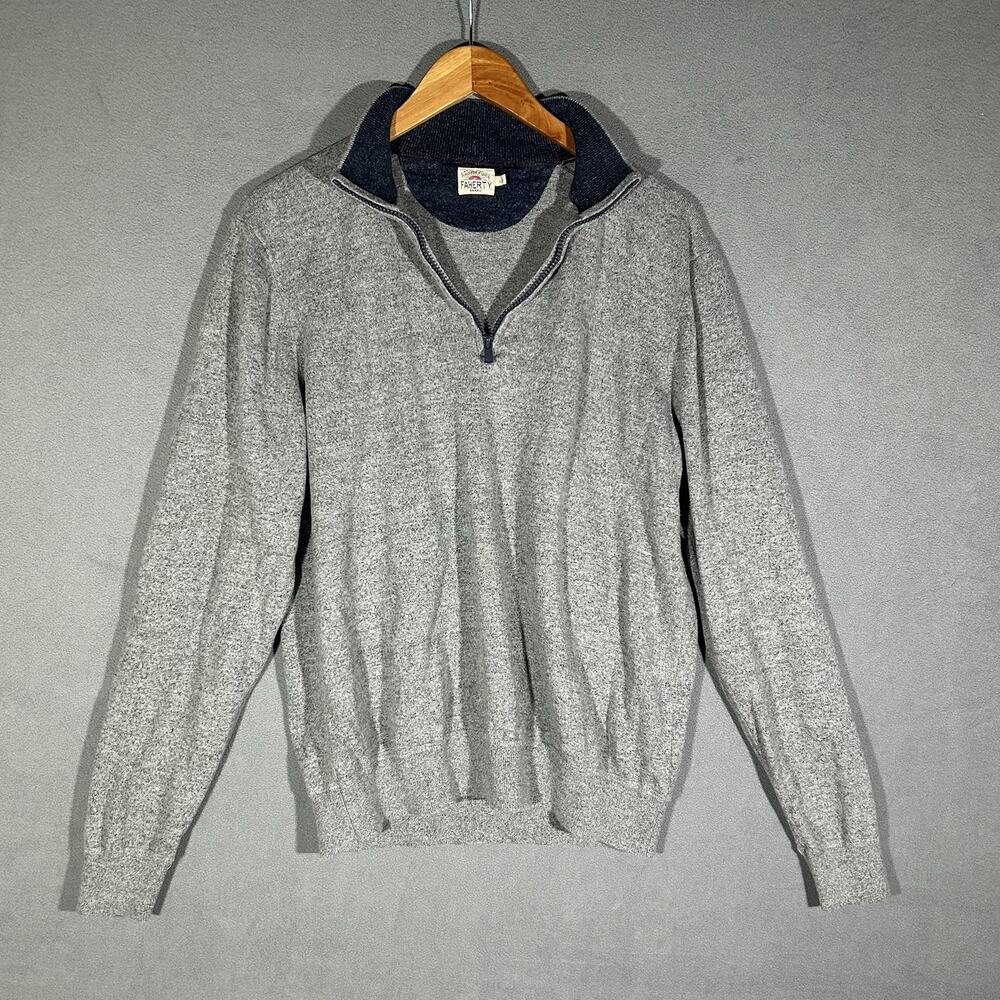 FAHERTY 1/4 Zip Sweater Cotton & Cashmere Blend Sz L Men's Heather Gray